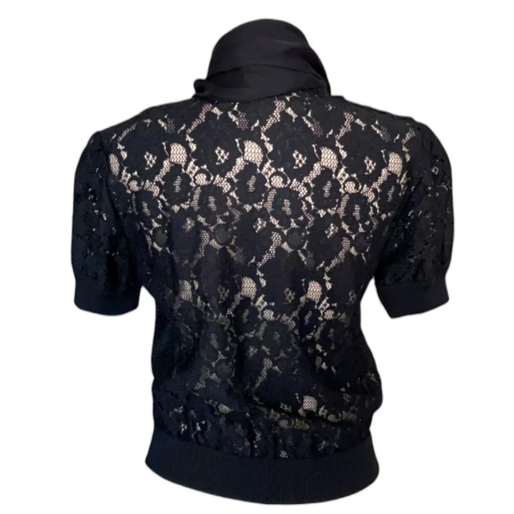 DOLCE & GABBANA Lace Blouse Bow Scarf Collar Tie Neck Black Short Sleeve Crop 44 - Picture 4 of 9